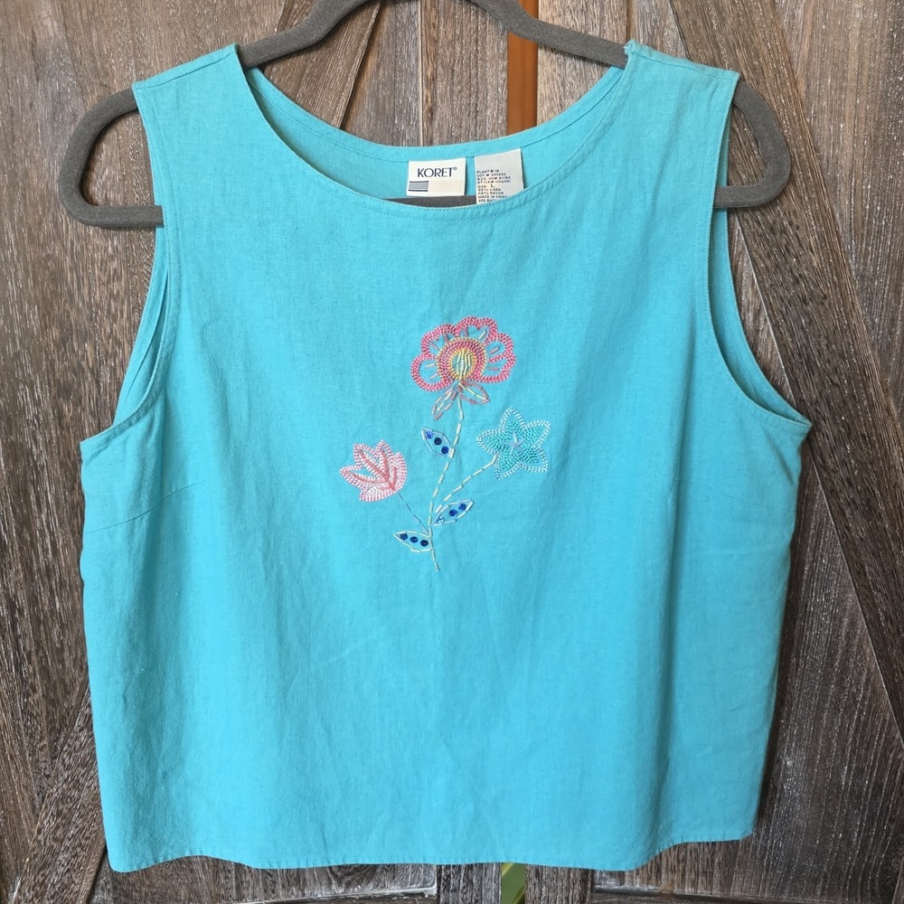 Koret Shirt Women's Size Large Aqua Blue Linen Blend Embroidery Beads Flowers